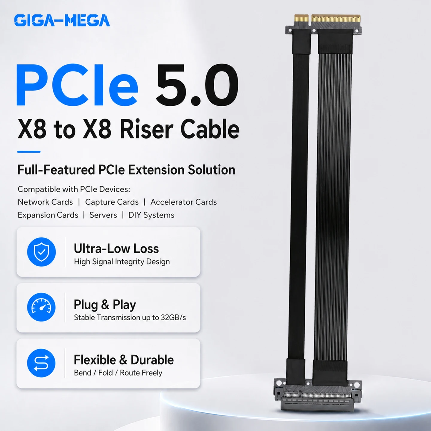 PCIe5.0 X8 to X8 Silver-Plated GPU Cable,180 Flat Ribbon,Lossless for GPU,Expansion,Sound,Network Cards,AI Servers,25cm