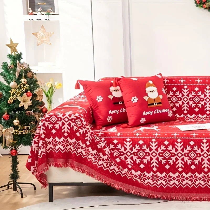 1PC Chenille Sofa Cover Towel,Christmas Sleigh Forest Pattern Sofa Slipcover Protector for Bedroom Office Living Room HomeDecor