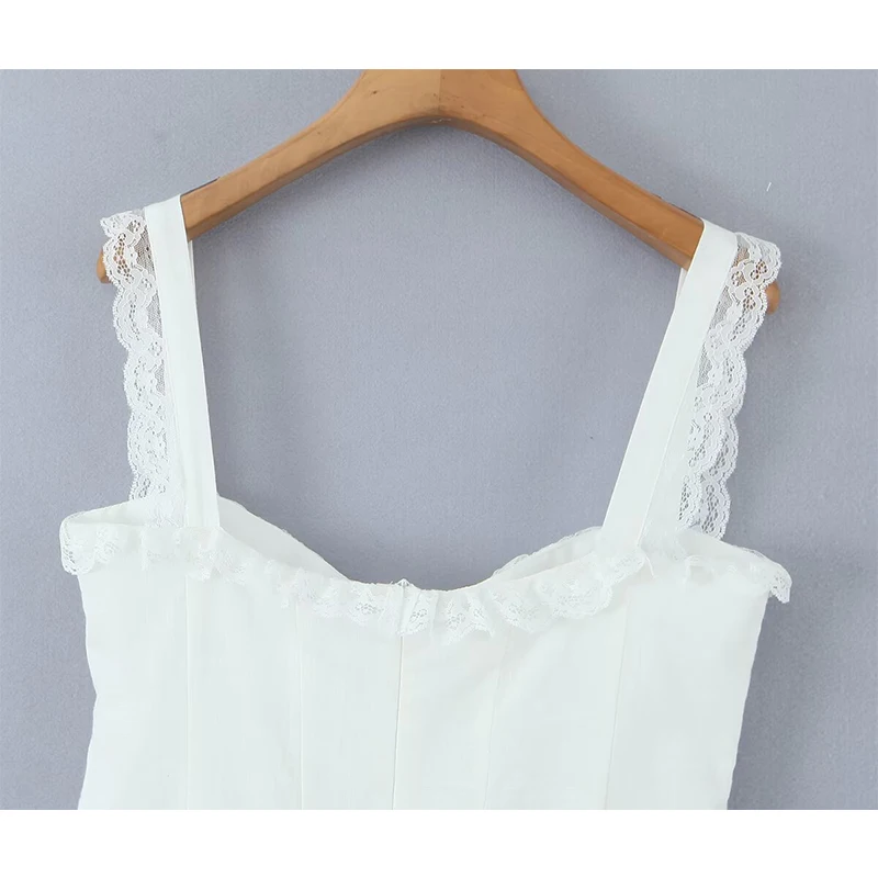 Yenkye 2025 feminino renda emendada algodão branco mini vestido sexy cintura baixa sem mangas a linha férias vestidos de verão festa robe