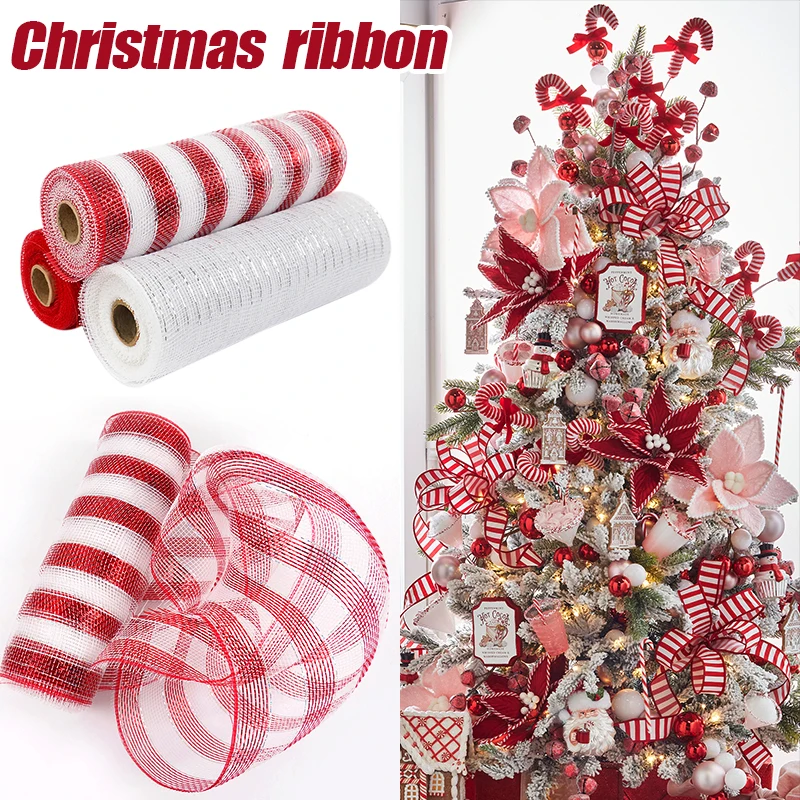 

10Yards Christmas Gauze Ribbons 2024 Xmas Tree Candy Cane Decoration DIY Door Wreaths Navidad Noel Gifts Happy New Year 2025