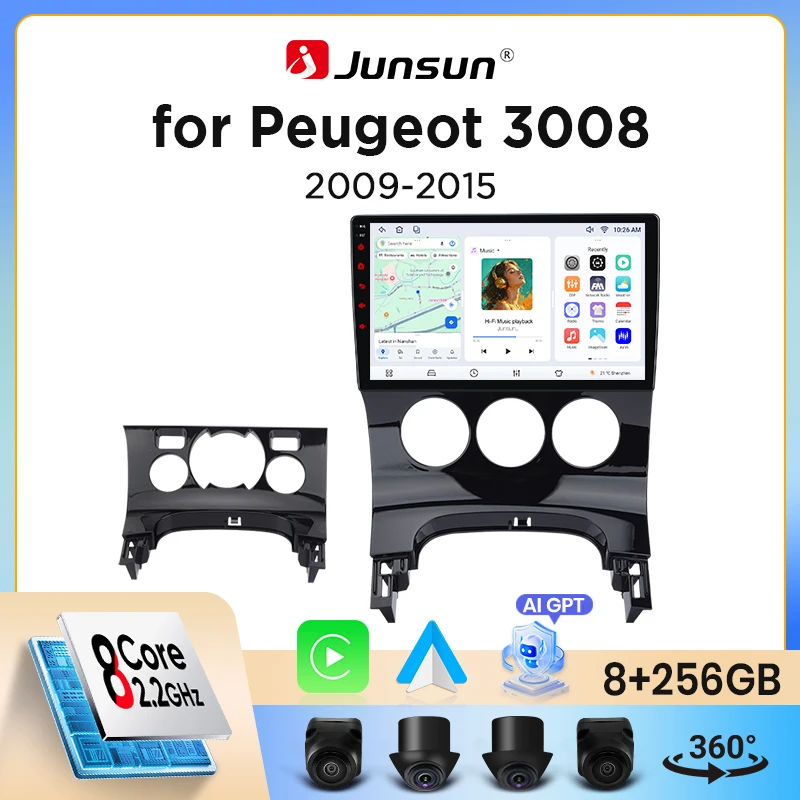 Autoradio Junsun sans fil CarPlay Android Auto pour Peugeot 3008 Mk1 (T8) 2009-2016 avec ventilateur de refroidissement intégré, navigation GPS Android, lecteur multimédia, WiFi, DSP, RDS, BT, SWC,