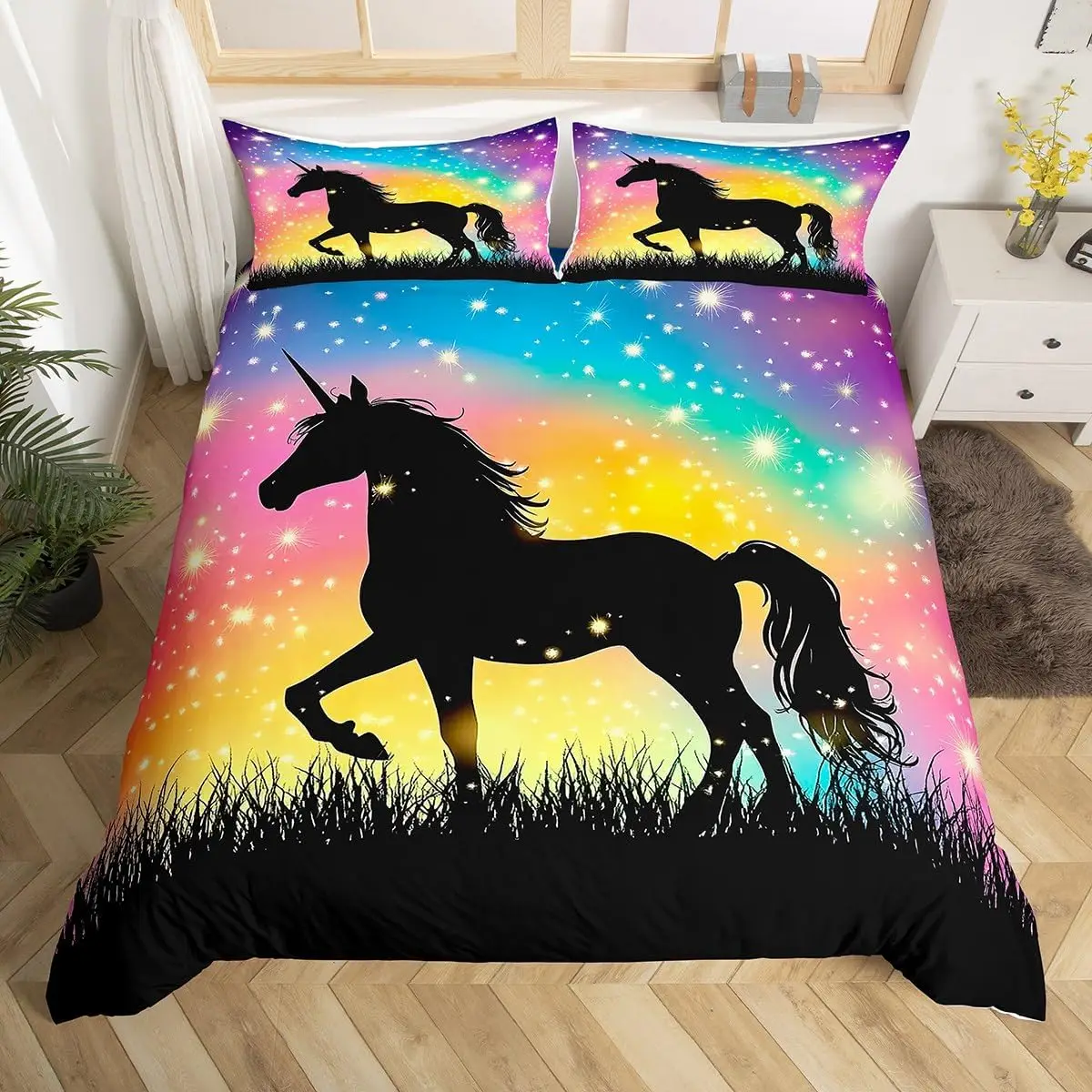 Kids Horse Comforter Cover Twin Queen, Rainbow Duvet Cover Boys Girls Wild Animal Bedding Set Western Farmhouse Bedspread Cover