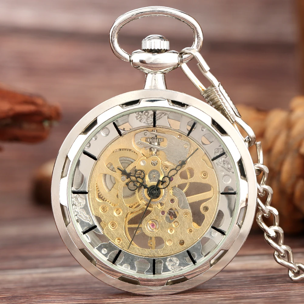 

Fob Pocket Watches Mechanical Hand Winding Golden Luxury Exquisite Transparent Necklace Clock Silver Chain For Men Women Gifts