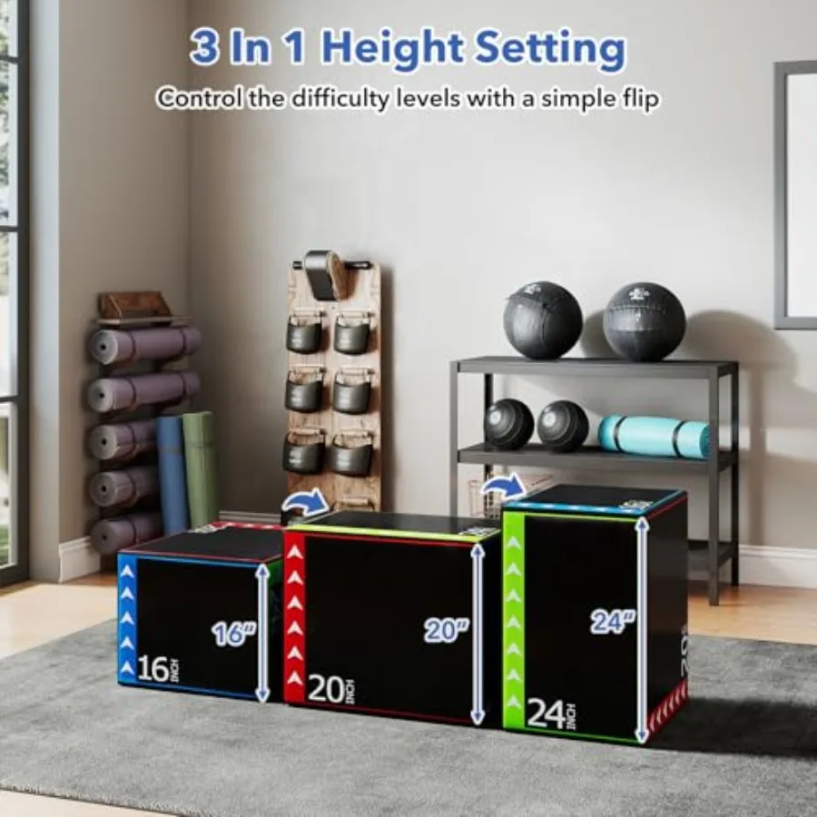 Home gym plyometric jump box: PU-covered heavy foam non-slip easy-clean surface 3-in-1 adjustable height black