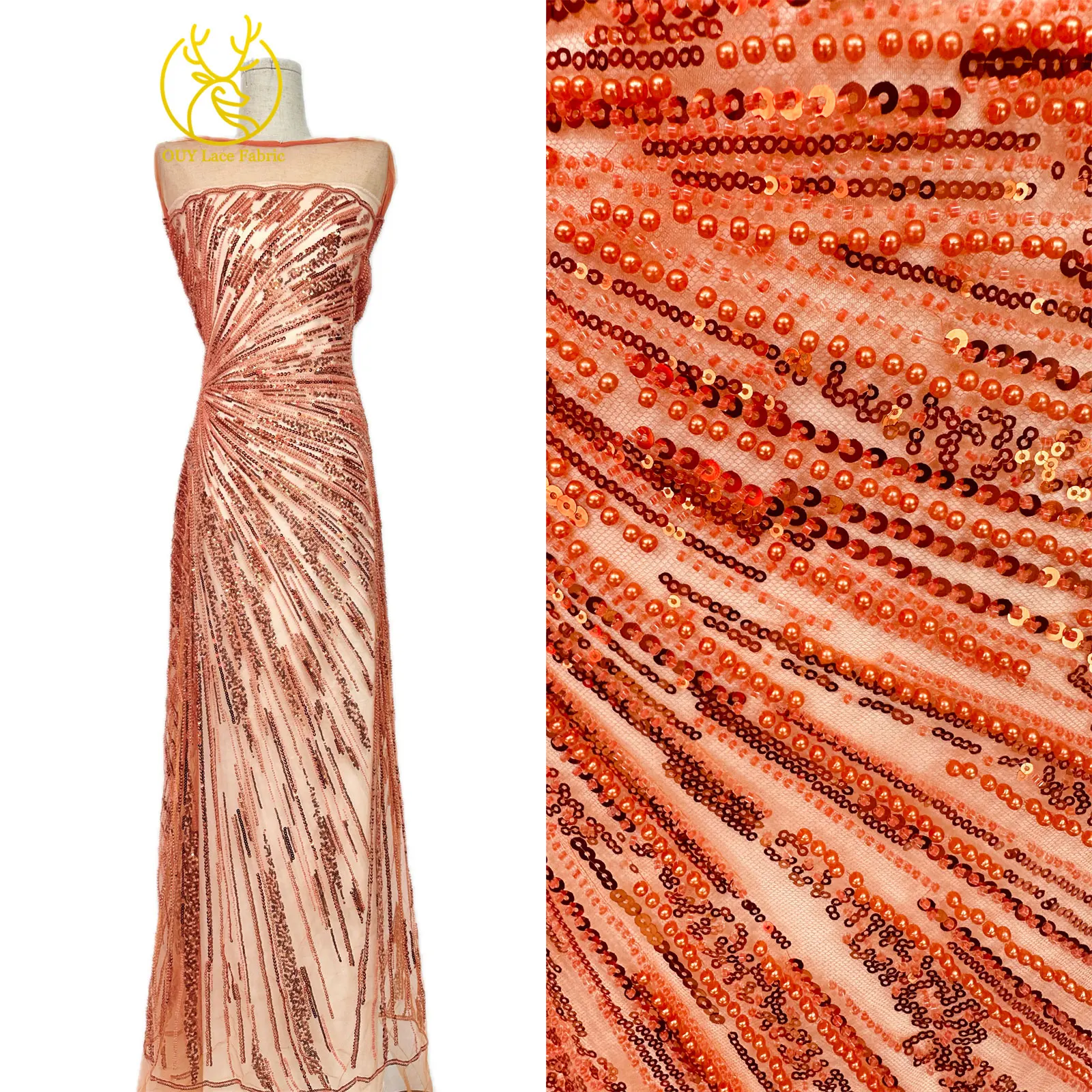 Afrikanischer Perlen-Spitzenstoff 2026 Heißer Verkauf Nigeria Französischer Tüll-Pailletten-Spitzenstoff für Party-Abendkleid-Nähmaterial 5 Yards – Detail 4