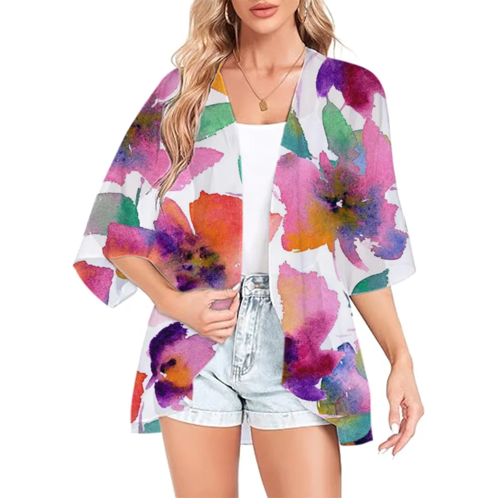 

Women's Watercolour Rose Loose Fringed Cover Up Beach Swimwear Bikini Kimono Cardigan Swimwear Cover Up Tops Swimwear Vacation