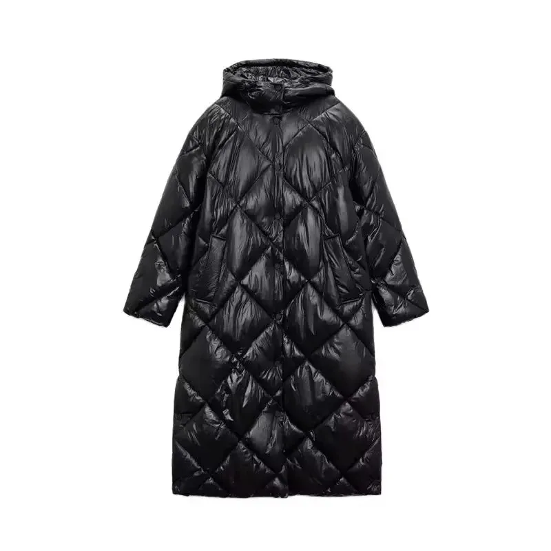 Women\'s 2024 New Two-Color Fashionable and Versatile Diamond Check Quilted Hooded Long Cotton Coat Coat Comfortable