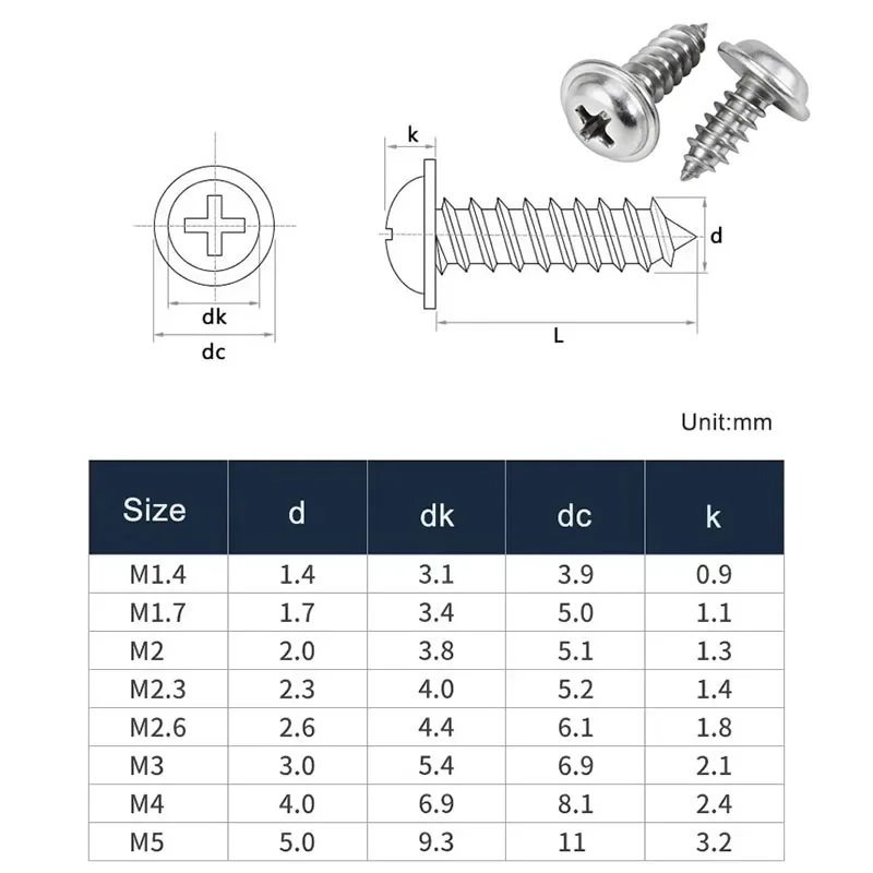 10-100Pcs 304 Stainless Steel Phillips Cross Pan Round Head With Washer Self-Tapping Screw M1.4 M1.7 M2 M2.3 M2.6 M3 M3.5 M4 M5