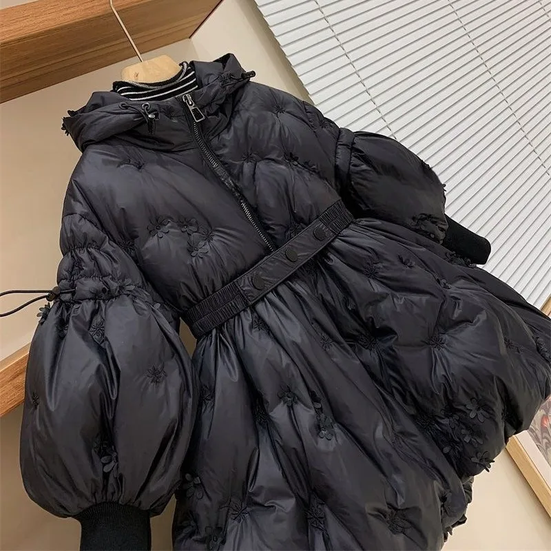 Girls' winter cotton jacket baby foreign style children's personality trendy small fragrant wind flowers waist thickened warm
