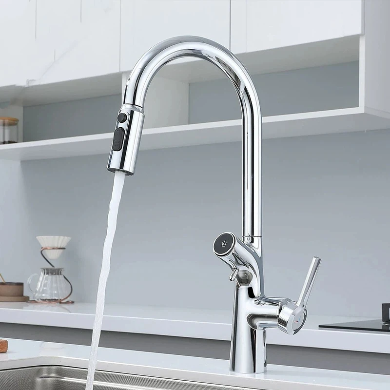 浄水器付きキッチン蛇口-デュアルスパウト-純水タップ-引き出し式-キッチンシンクミキサー-キッチン高級蛇口-ゴールド