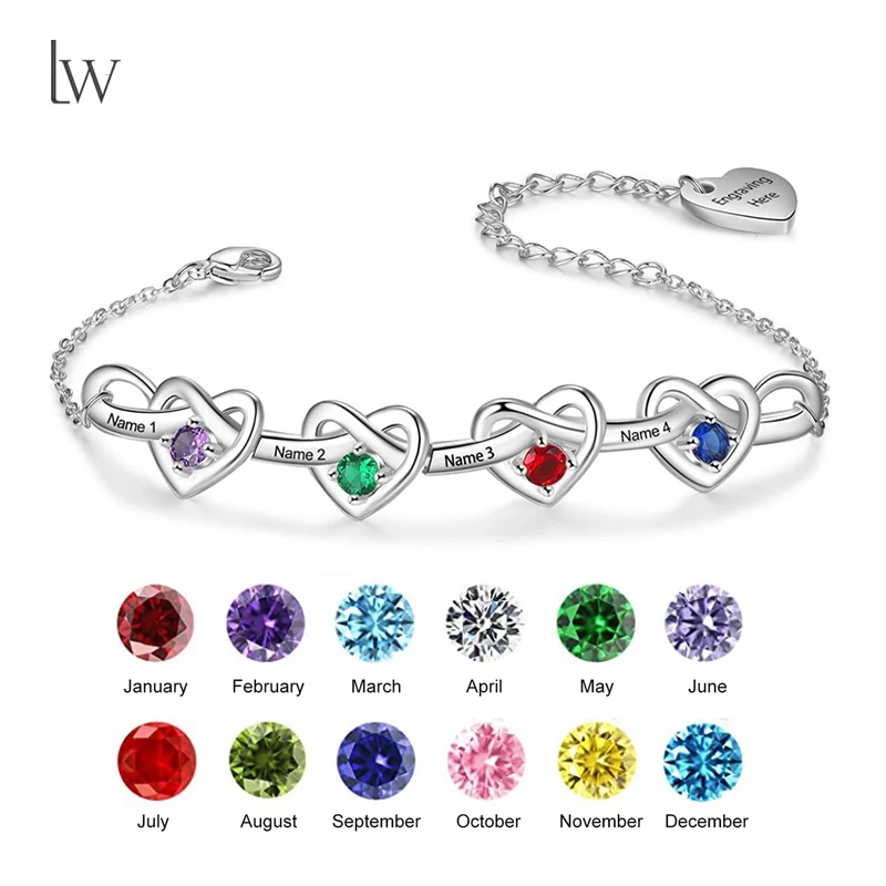 

Personalized 2-6 Birthstone Name Bracelet for Women Custom Engraved Names Heart Bracelet for Mom Wife Girlfriend Birthday Gifts