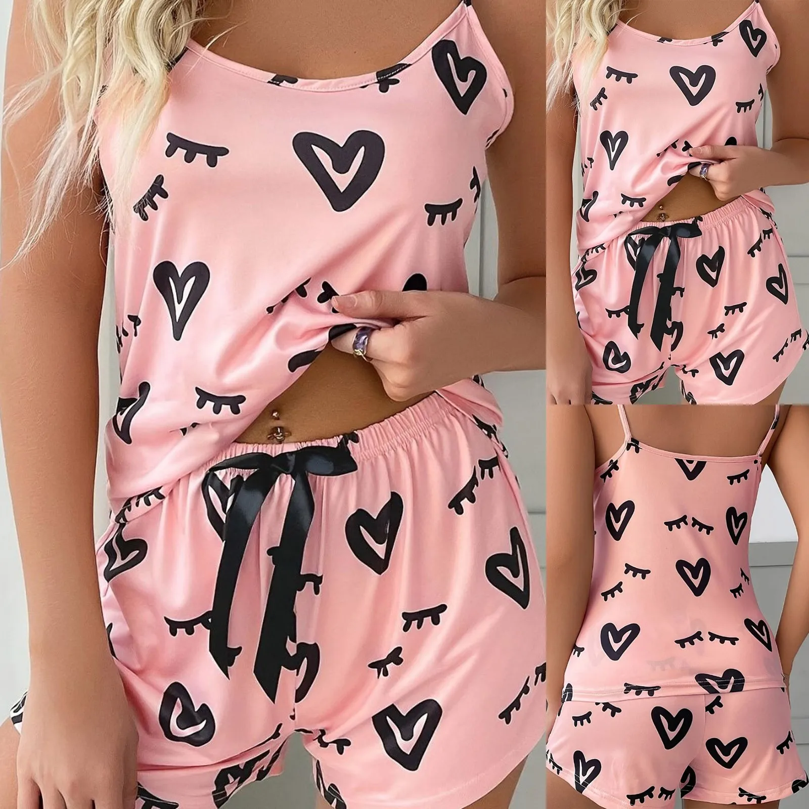 2024 New Fashion Sexy Heart Printed Pajama Set Women\'S 2 Pieces Sleepwear Pyjamas Silk Satin Cami Top And Shorts Pajamas