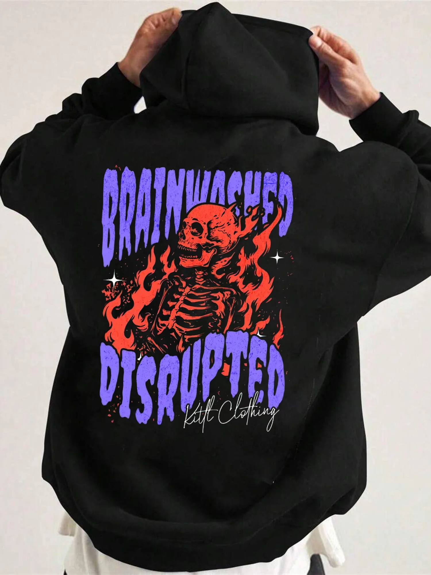 

Men'S Gothic Streetwear Hoodie with "BRAINWASHED DISRUPTED" Flame Skull Print Edgy Pullover Sweatshirt with Kangaroo Pocket
