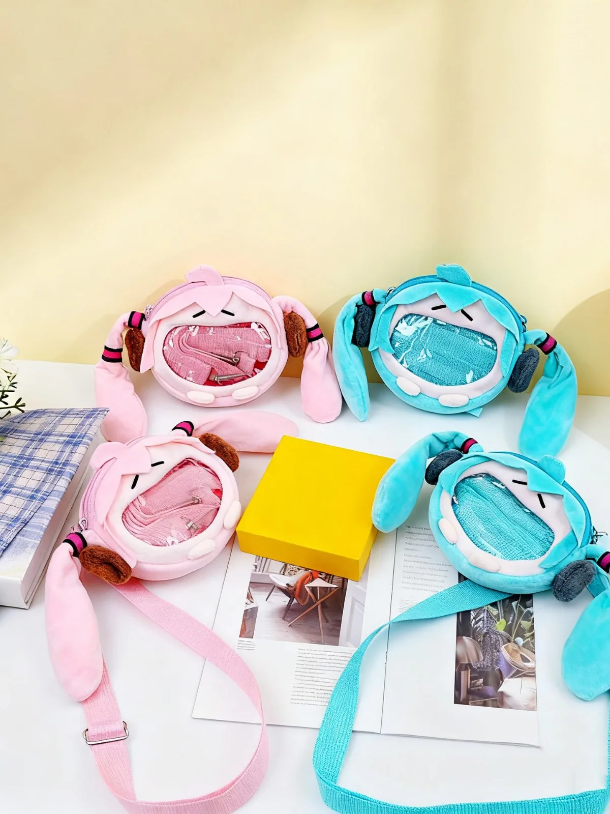 Para hatsune miku bolsa de moedas bolsa de ombro dos desenhos animados kawaii 14cm saco de fone de ouvido saco de dor de pelúcia crossbody chaveiro pingente menina gi