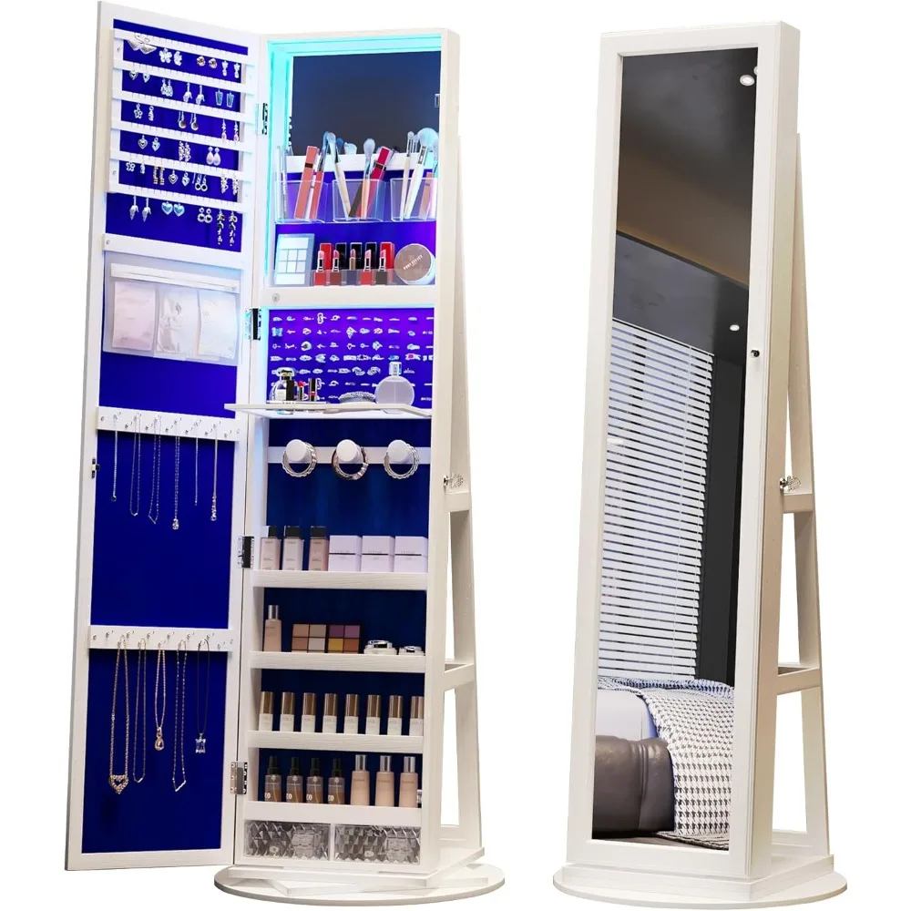 360 Degree Swivel Jewelry Armoire, Lockable Cabinet With Leds, Multiple Size Organizer And Rear Storage Shelves