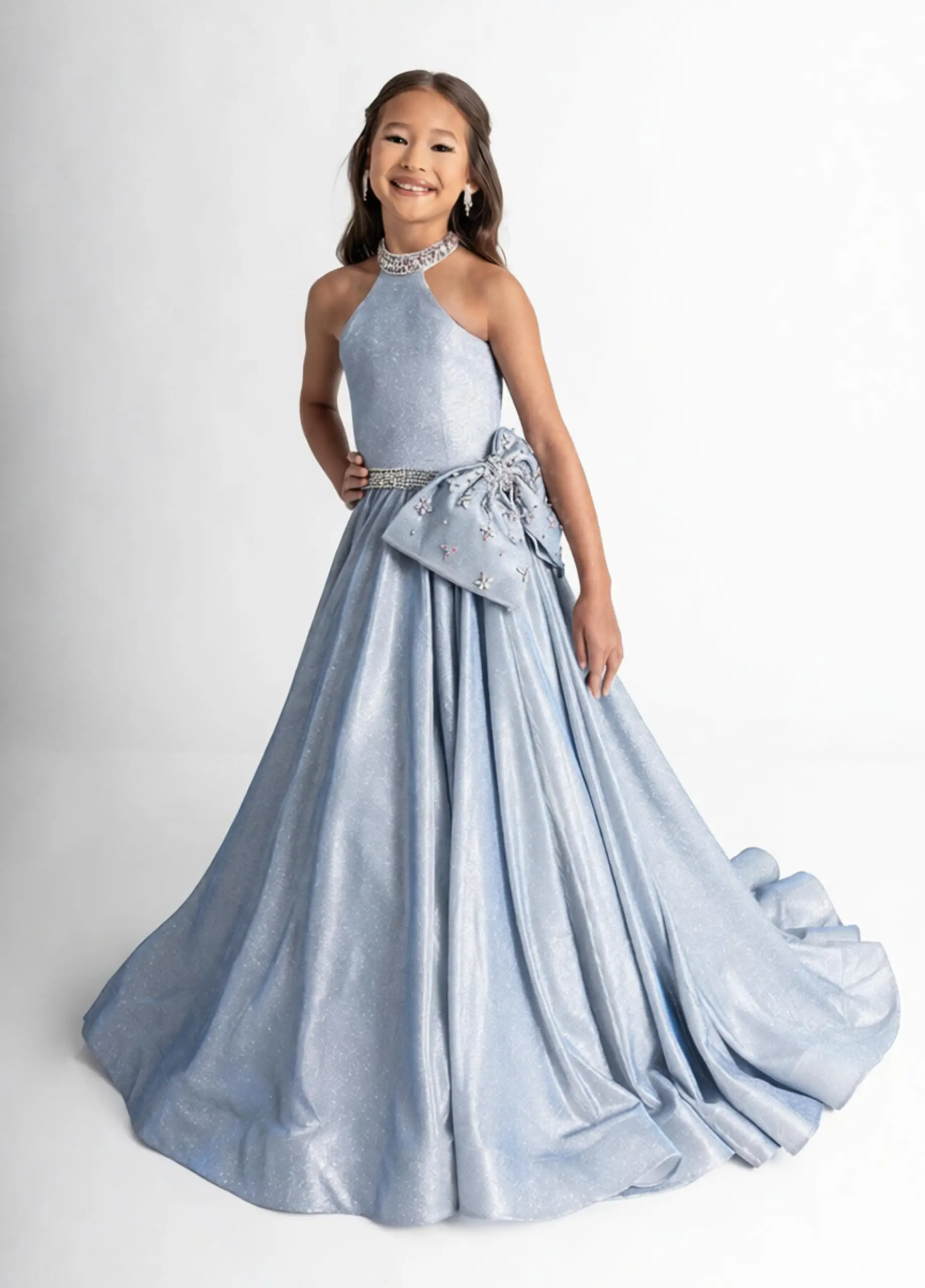 Cswdocy Girls Halter Neck Jeweled Pageant Dress Floral Accent Big Side Bow Flower Girl Gown For Wedding Formal Party Stage 2027