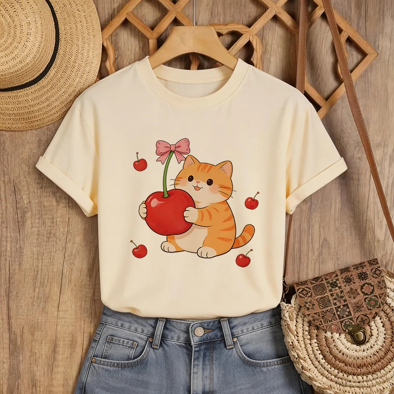 90er Jahre Sommer T-Shirt mit Kirsch- und Katzen-Design-Print Damen Y2K Casual Tees Tops Rundhals Kurzarm T-Shirt Kleidung