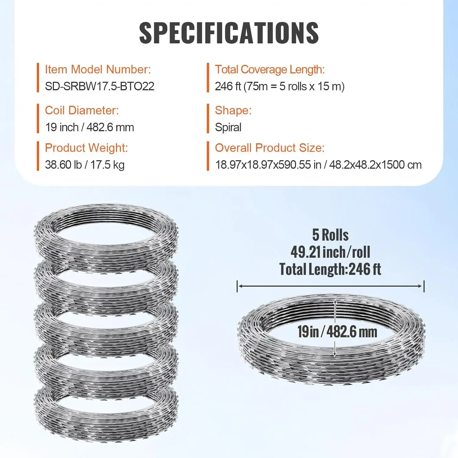 Alambre de púas para maquinilla de afeitar de 246 pies, 5 bobinas por rollo, cinta de afeitar, alambre de púas, valla de alambre de maquinilla de afeitar de acero galvanizado