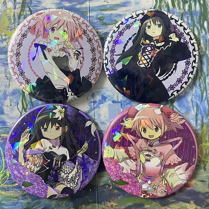 Anime Puella Magi Madoka Magica Laser Glitter Tin Badge Set Kaname Madoka Akemi Homura Round Button Brooch For Bag Jacket Orname