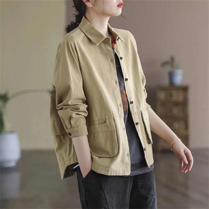 Twill Cotton Spring Women Windbreaker 2022 New Short Coat Women Single-Breasted Female Jackets Summer Outwear Short Sleeve Shirt