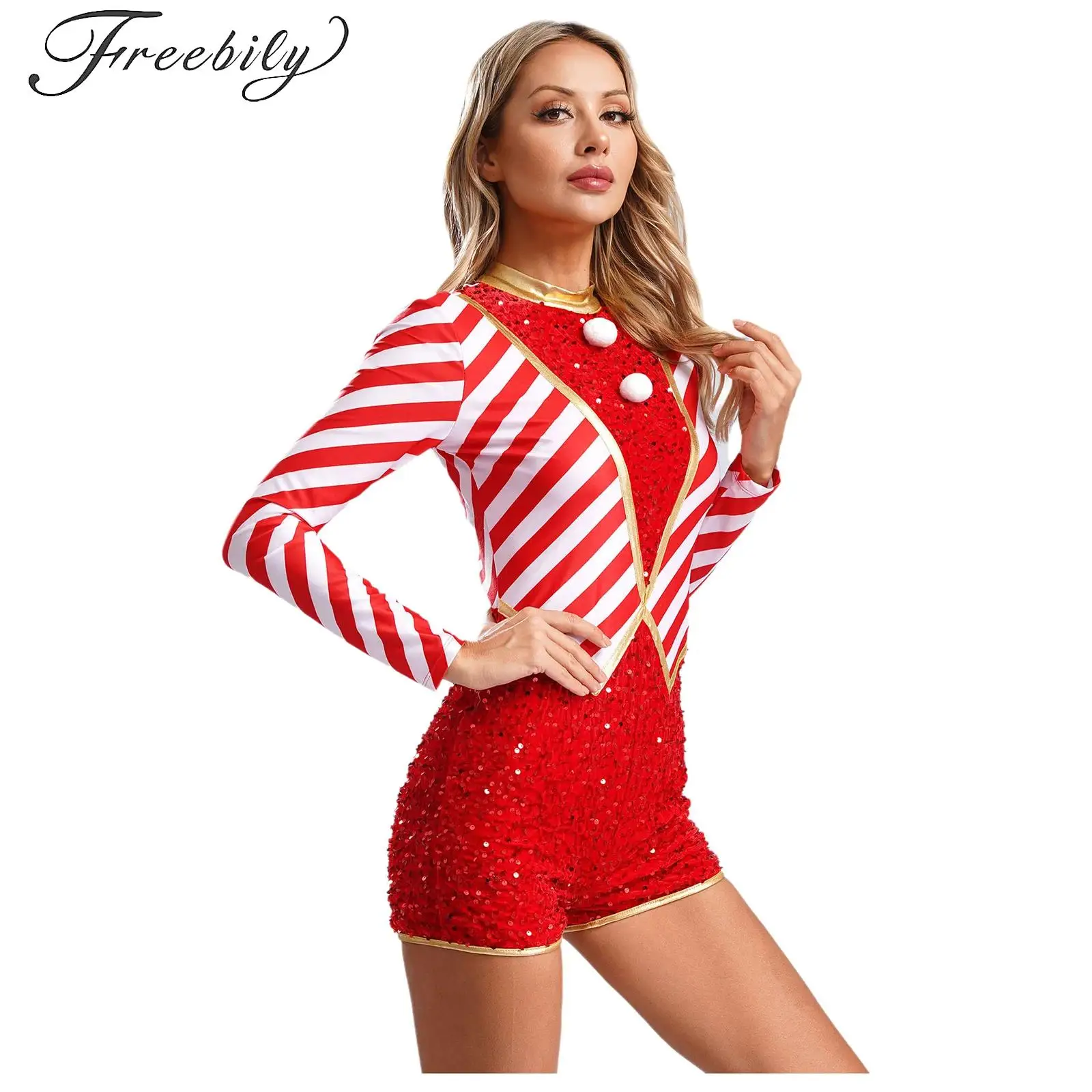 

Womens Candy Cane Christmas Shorty Unitard Costume Long Sleeve Sequins One Piece Bodysuit Jumpsuit Xmas Gymnastics Dance Outfit