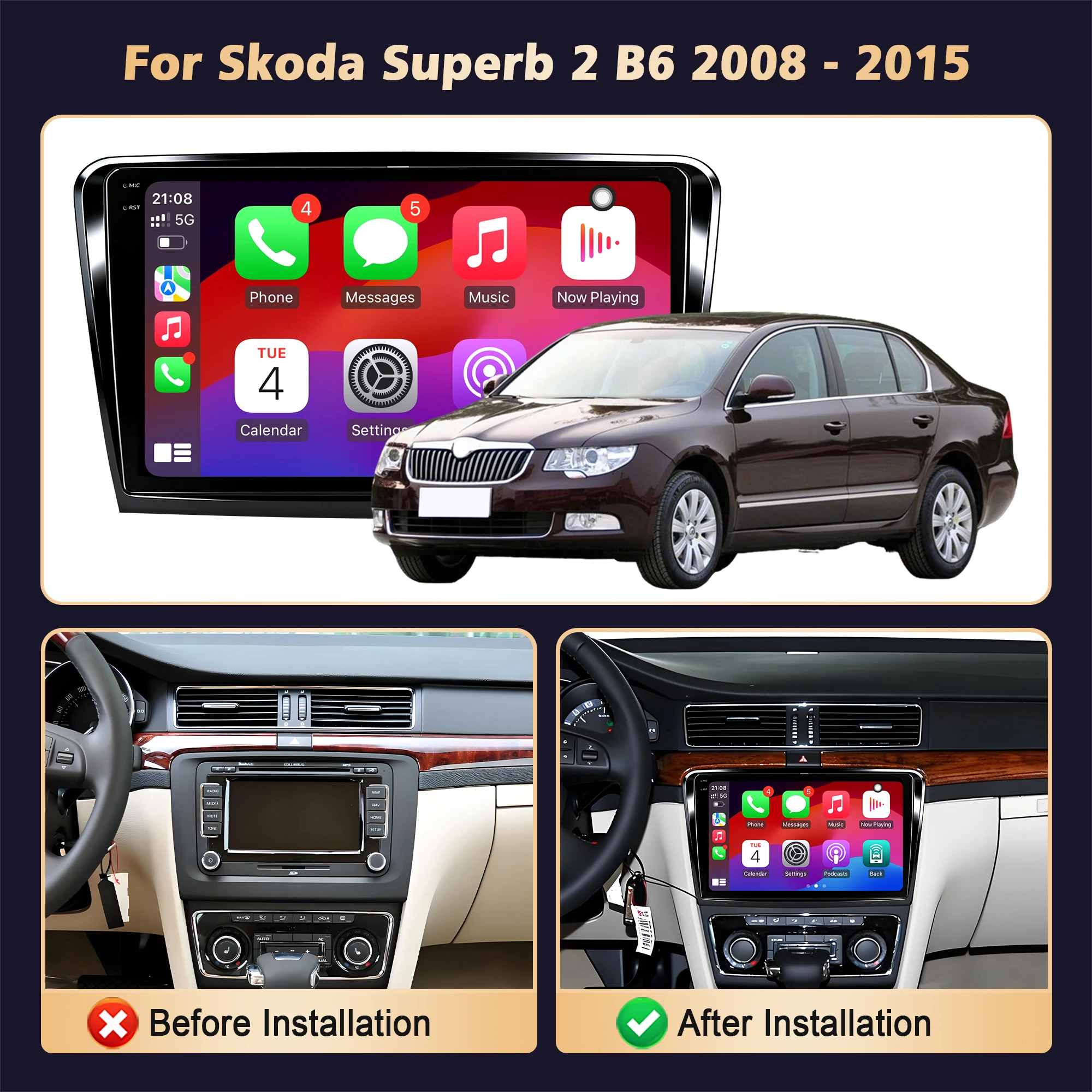 10.1inch Car Radio Android 16 For Skoda Superb 2 B6 2008-2015 BT Carplay Multimedia Navigation Head Unit 2K QLED Screen