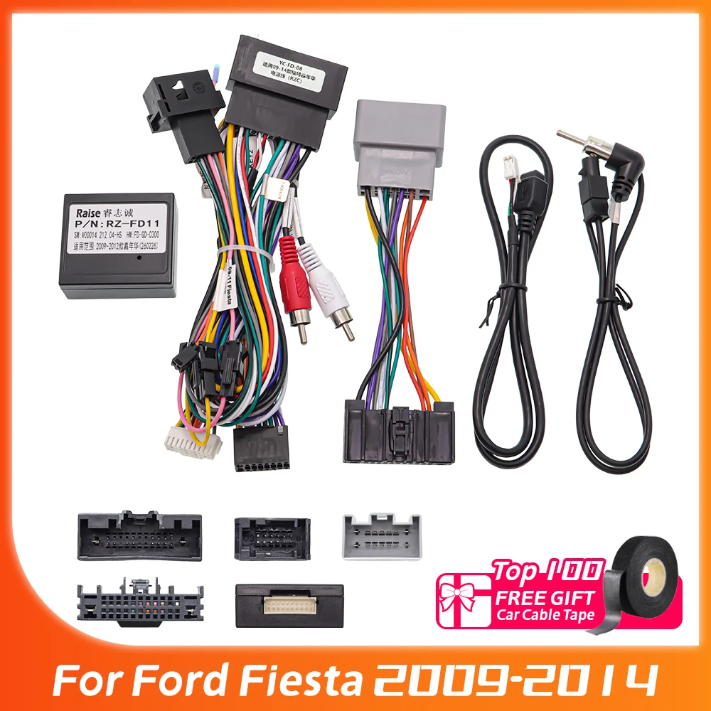 Radio para Auto Android RZ-FD11 con Decodificador Canbus para Ford Fiesta 2009-2014, Adaptador de Cableado, Cable de Alimentación de 16 Pines para Cableado