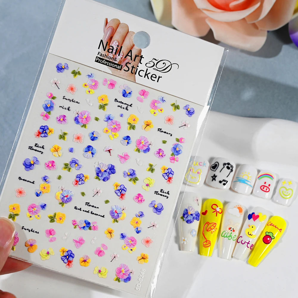5D Embossed Elegant Flower Clusters Nail Sticker Blue/White/Yellow Spring Blossom Floral Nail Decals Self-adhesive Manicure Deco 5