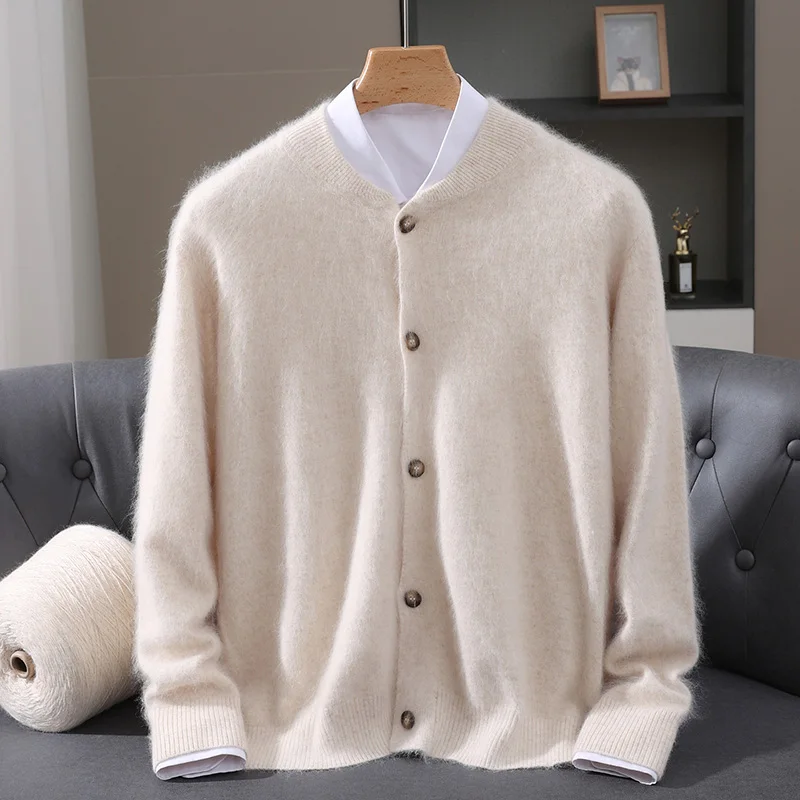 Men's 100% Pure Wool Cardigan Autumn And Winter New V-Neck Loose Sweater With Middle-Aged Coat Knitted Bottoming Shirt