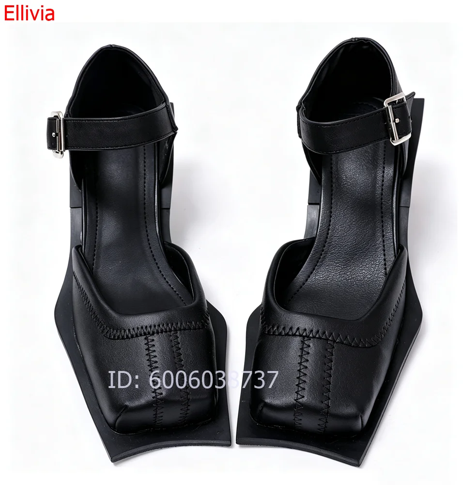 Women Black Square Toe Ankle Strap Sandals Unique Geometric Block Heel Buckle Strap Gothic Street Fashion Statement Dress Shoes