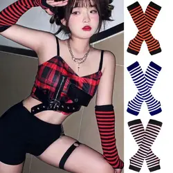 Striped Elbow Gloves Women Emo Gloves Y2k Winter Warm Long Sleeves Gloves Women Fingerless Stripe Hip-Hop Knitted Elbow Mittens