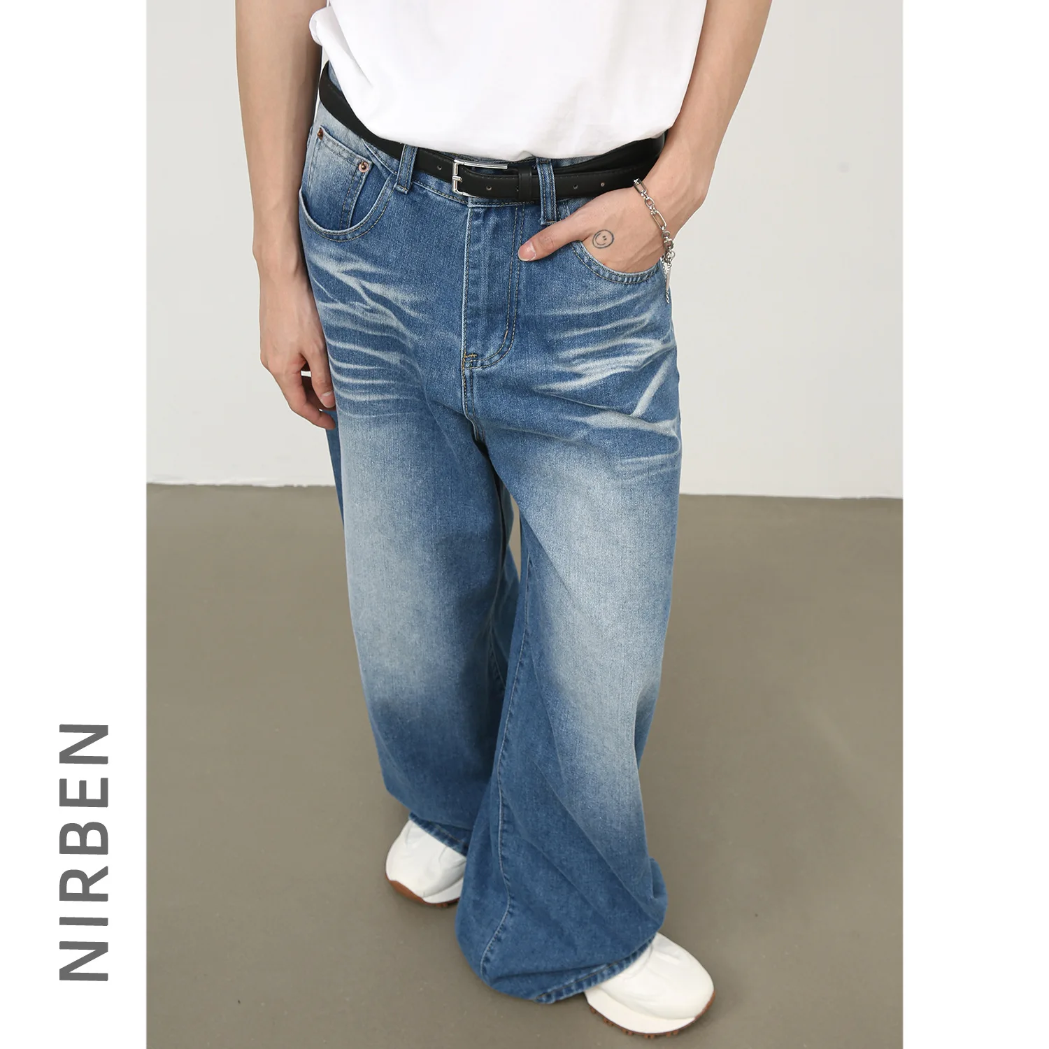 Denim American Retro Washed Wide-leg Jeans Men's New Versatile Loose Straight-leg Pants
