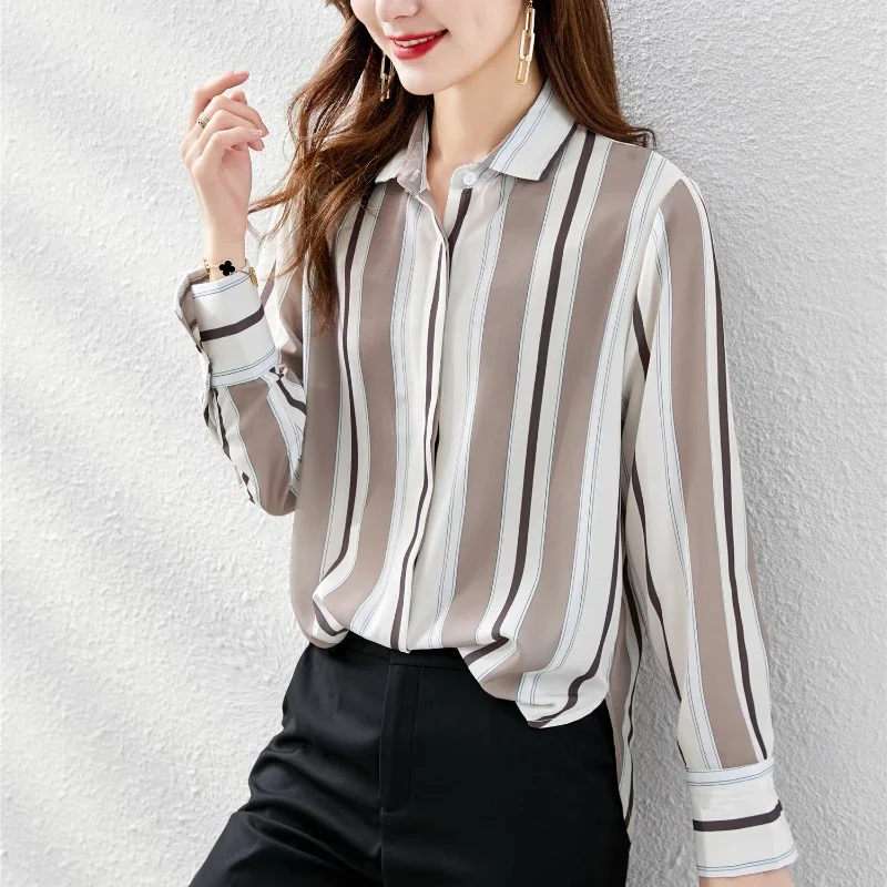 Chiffon Women Shirt Button Up Shirt Long Sleeve Blouse Korean Fashion Women Clothing OL Stripe Casual Shirts Basic Womens Tops