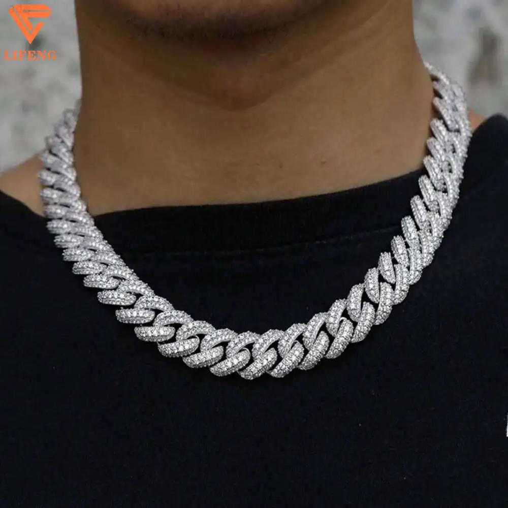 16mm 20inches Cuban Chain Big Middle Stone with Outlines Iced Out Vvs Moissanite 925 Sterling Silver Cuban Link Chain Necklace