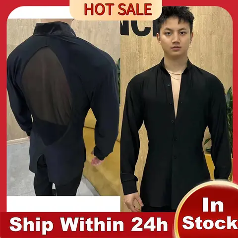2024 남성용 새로운 라틴 댄스 대회 의류 스탠드 칼라 카디건 메쉬 셔츠 Chacha Samba 성인 라틴 댄스 탑 DQS17193