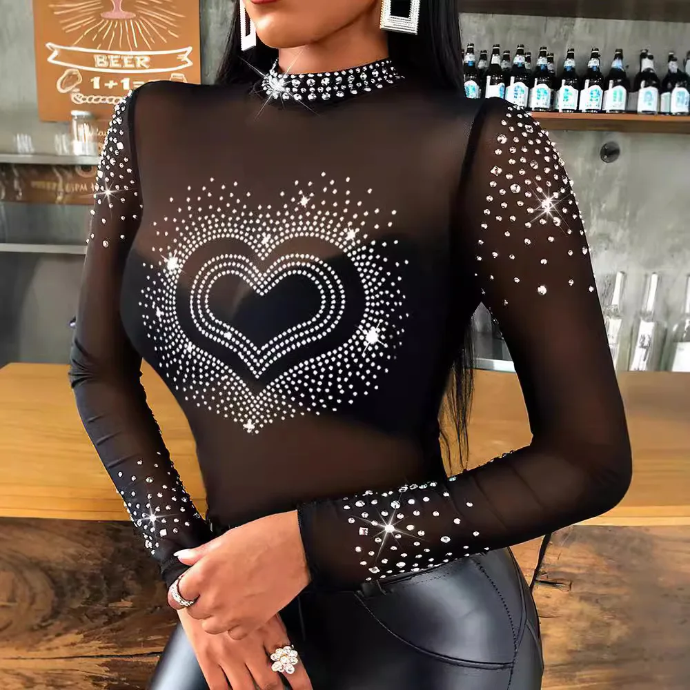 Rhinestone Mesh Long Sleeve Bodysuit Romper Heart Top Sexy Slim Women Summer Fashion Rompers Tops