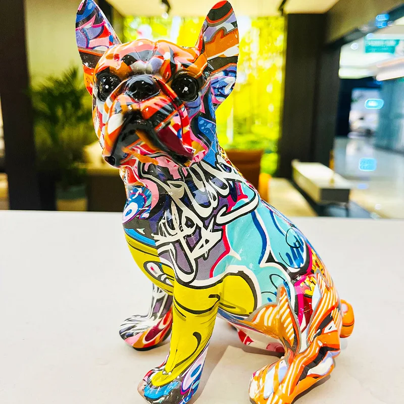 Colorful Dog Sculpture Table Ornament Creative Graffiti French Bulldog Resin Statue Animal Art Figurines Home Room Cabinet Decor