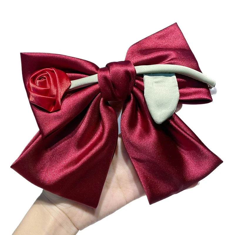 

Korean Fabric Rose Bow Hair Clip - Luxury Elegant Women's Headpiece, Chic Korean-Style Floral Hairpin for Fashionistas