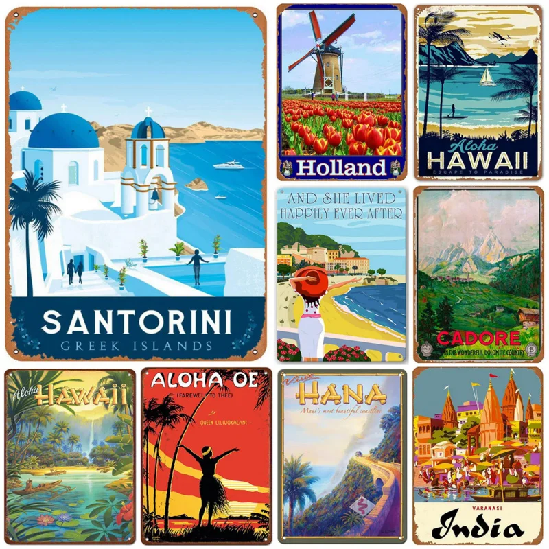 Vintage Hawaii New York Santorini Landscape Travel Tour Poster Retro Metal Tin Signs Funny Wall Decor Home Plaque Bar Cafe