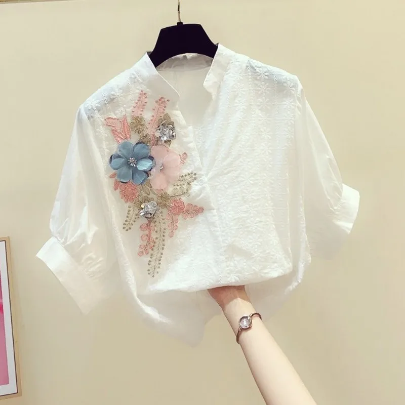 Beaded Embroidery Blouse for Women, Short-Sleeved, Loose Top, Lady Pulls, Outwear, Top Quality, Summer, New, 2022