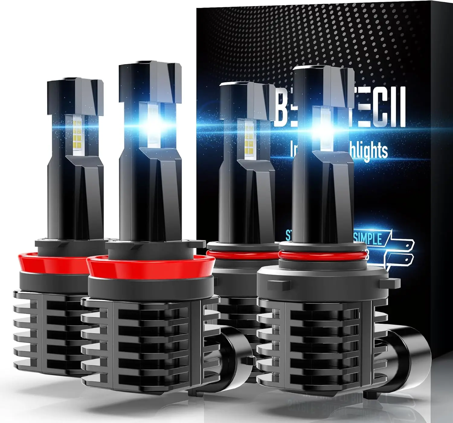 

9005 H11 HB3 H8 H9 Fog Light Bulbs, Fanless Inline Design, 6500K Xenon White, Set of 4