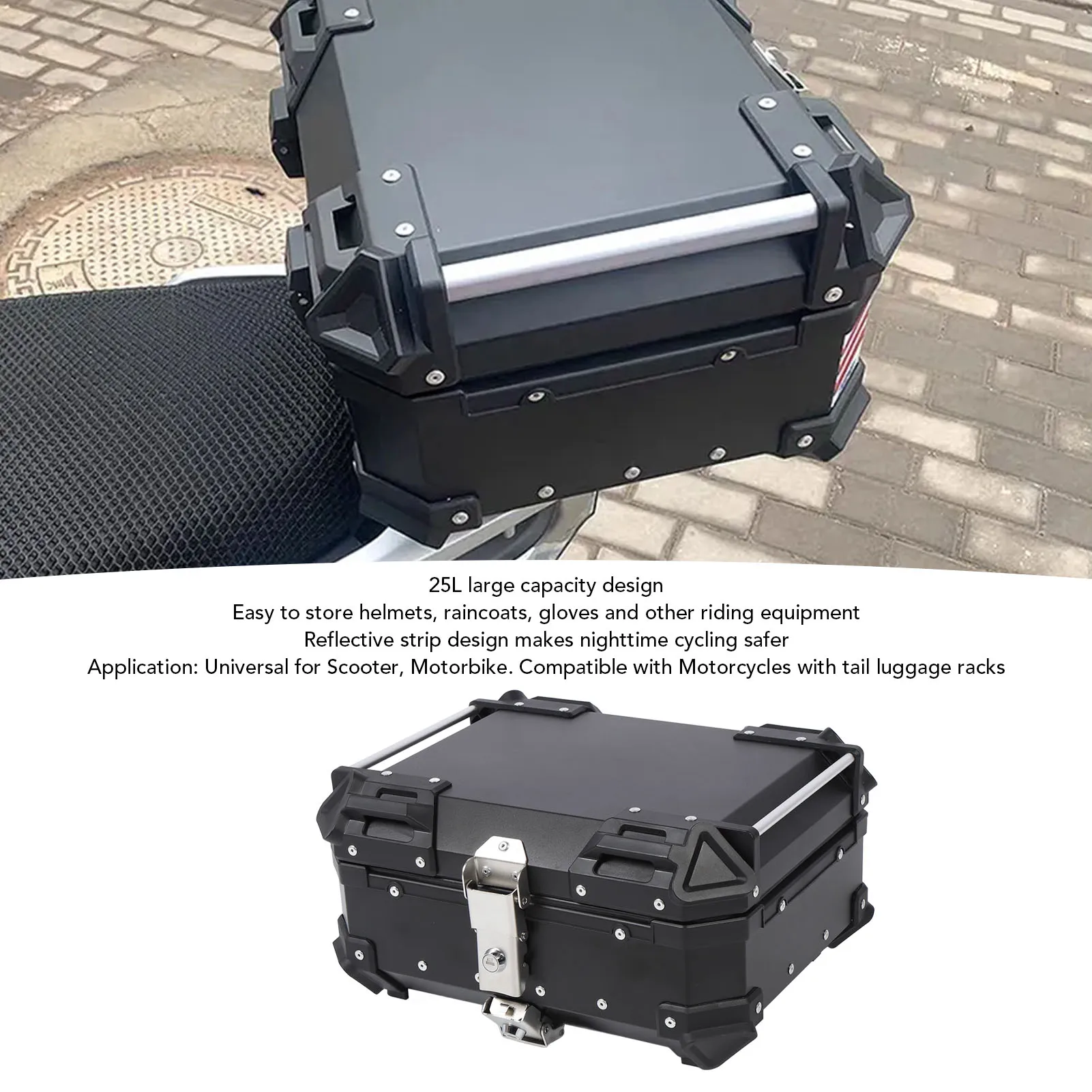 Motorcycle Top Box  Fit Anti Theft Rear Top Case Shockproof Reflective Strip 25L with Safety Lock for Helmet Luggage
