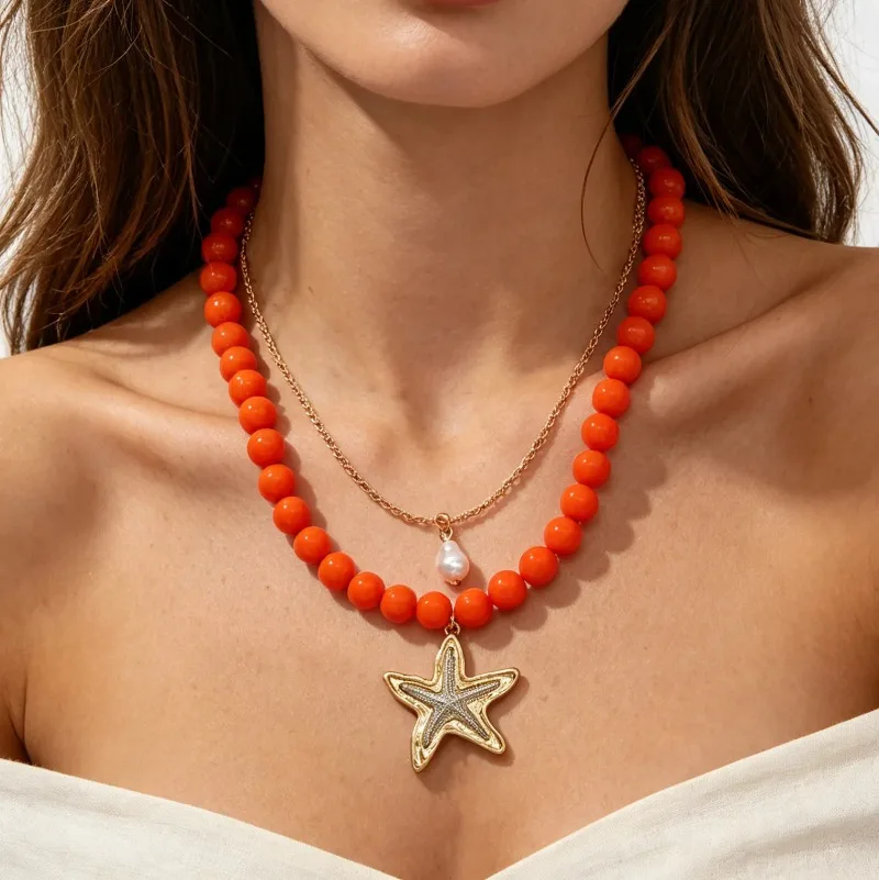 Women Summer Tropical Two Layer Choker Orange Round Bead Gold Starfish Pearl Charm Ocean Theme Necklaces