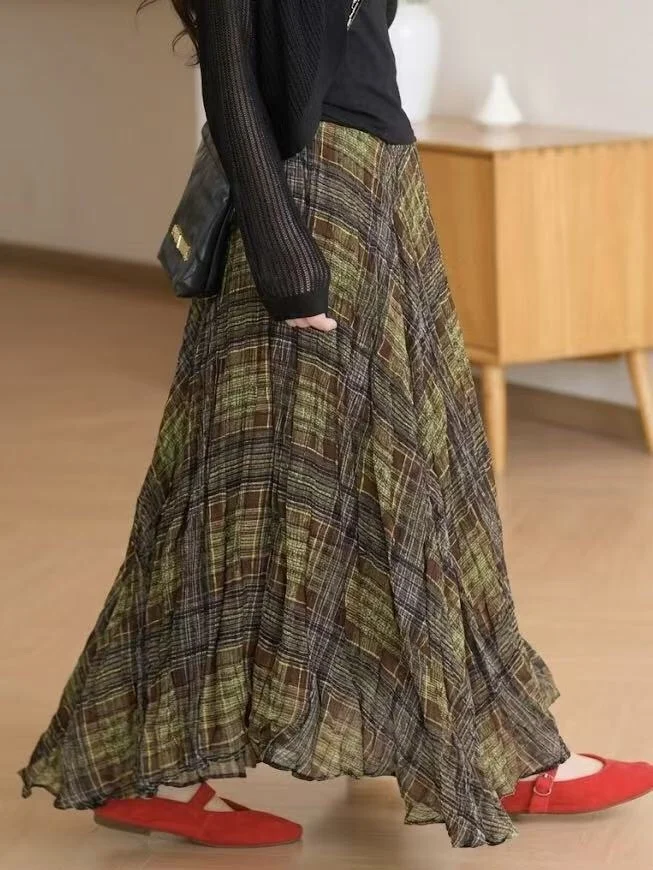 

Женская юбка миди с высокой талией, А-силуэт, в клетку, винтажная, с цветовыми блоками, стройнящая, длинная, расклешенная, фасон «зонтик»