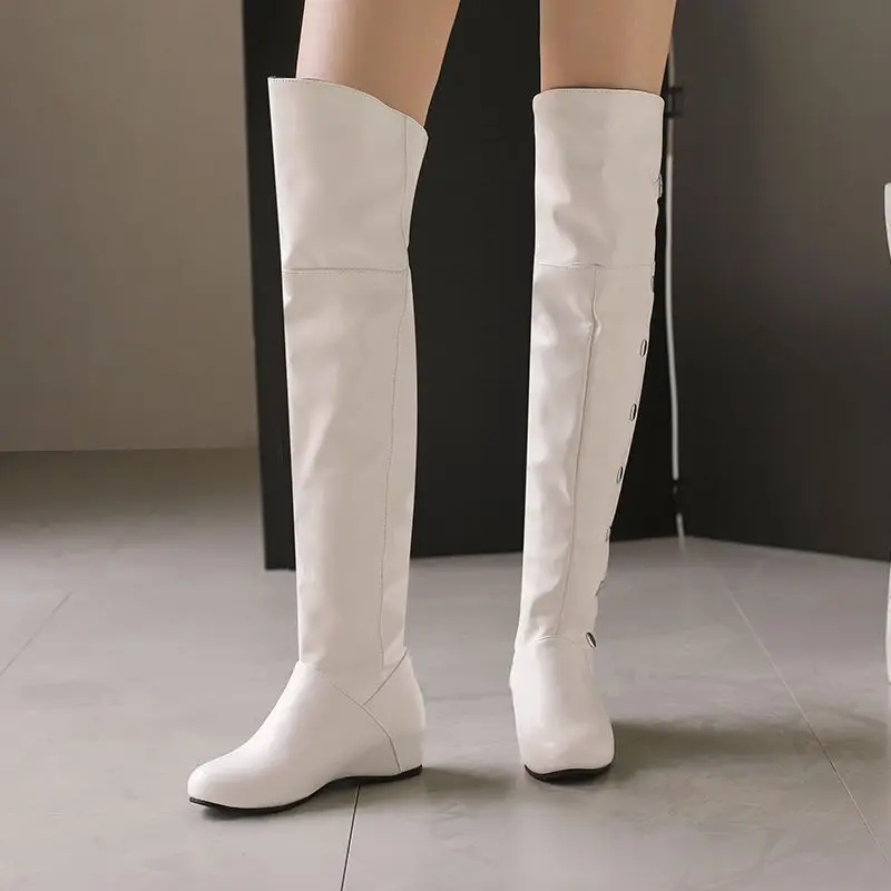 

ORCHALISA Design Thigh Boots Over Knee Women Round Toe Wedges 4.5cm Slip On Rivets 46 47 48 Sweet Girls Bota