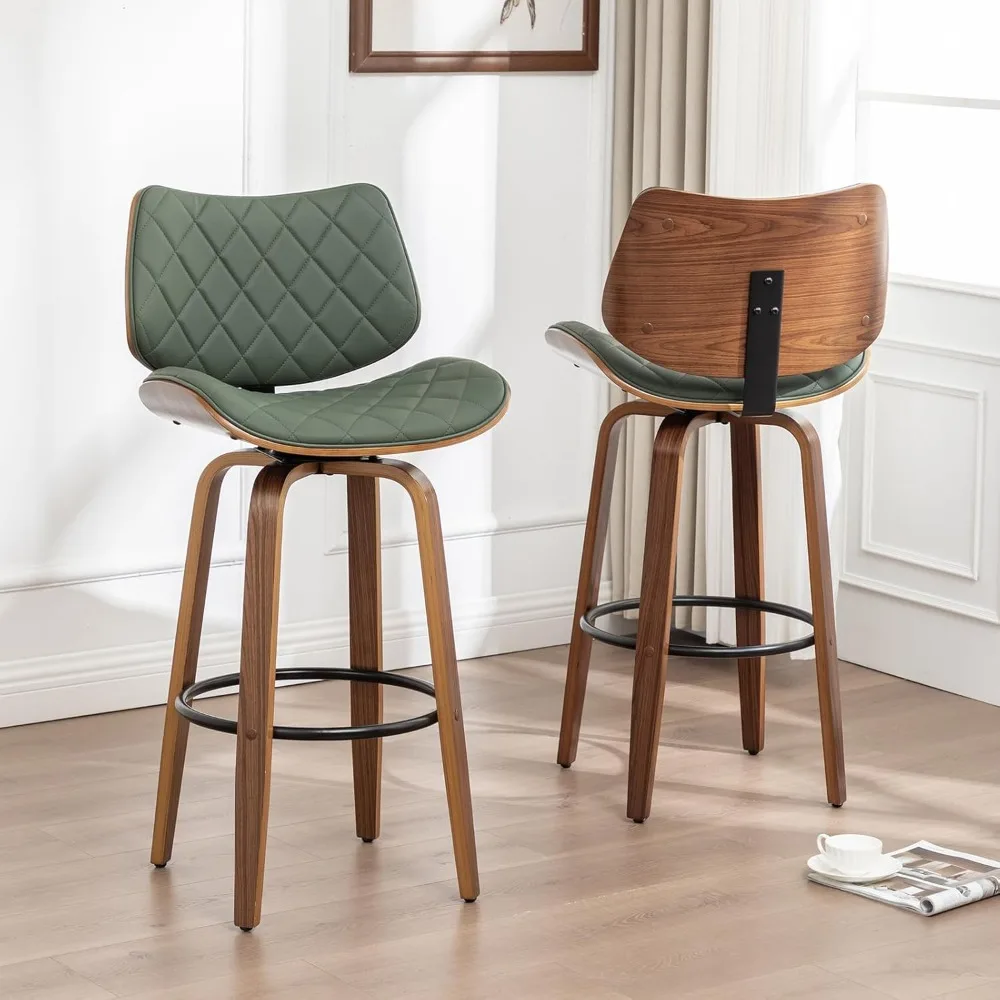 

26" Swivel Bar Stools Set of 2,Mid Century Modern Counter Height Barstools Green Leather Upholstered Bar Chairs for Kitchen Isl