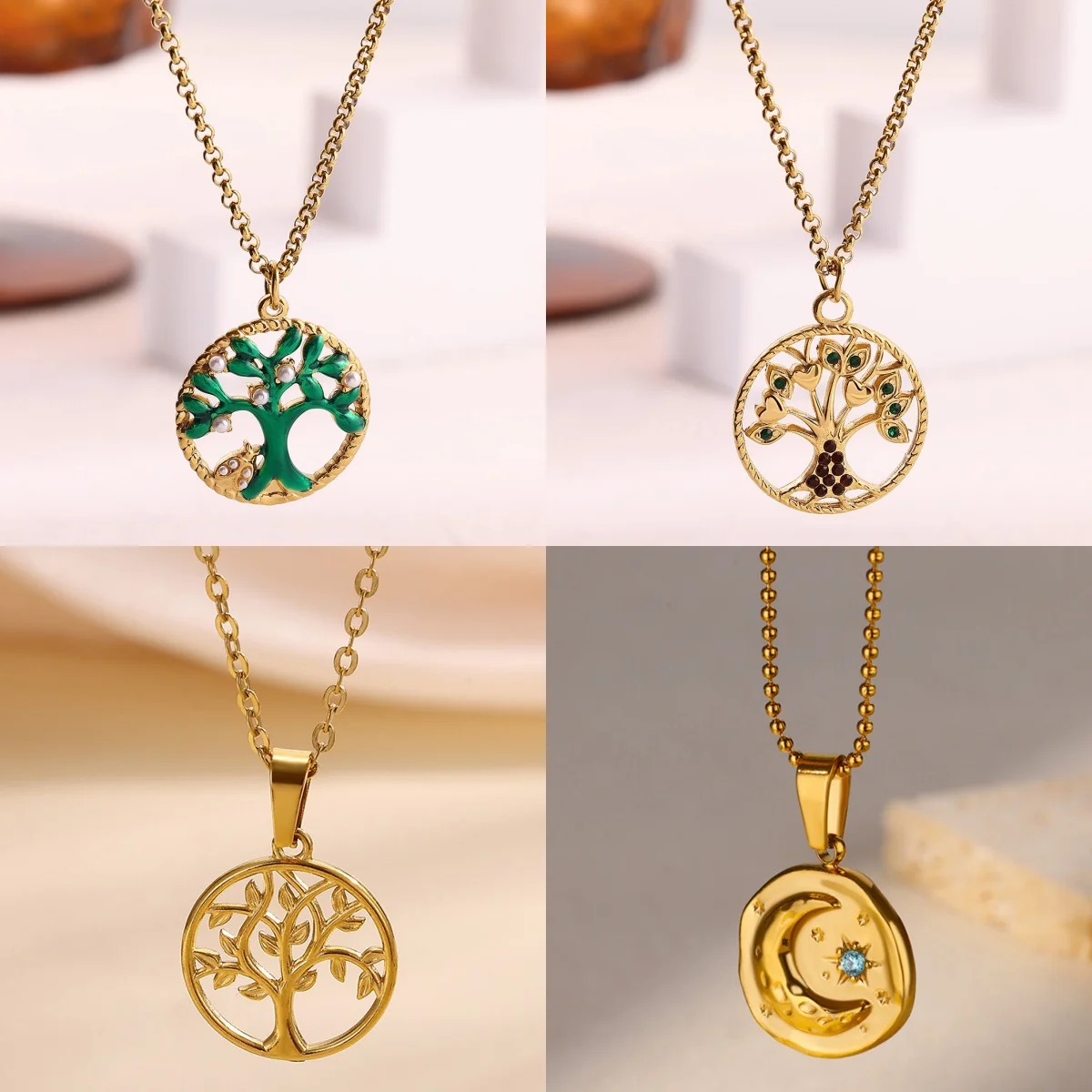 Klassische Edelstahl Lebensbaum Anhänger Halsketten für Frauen 18K Vergoldet Zirkonia Schmuck Halskette Jubiläumsgeschenk