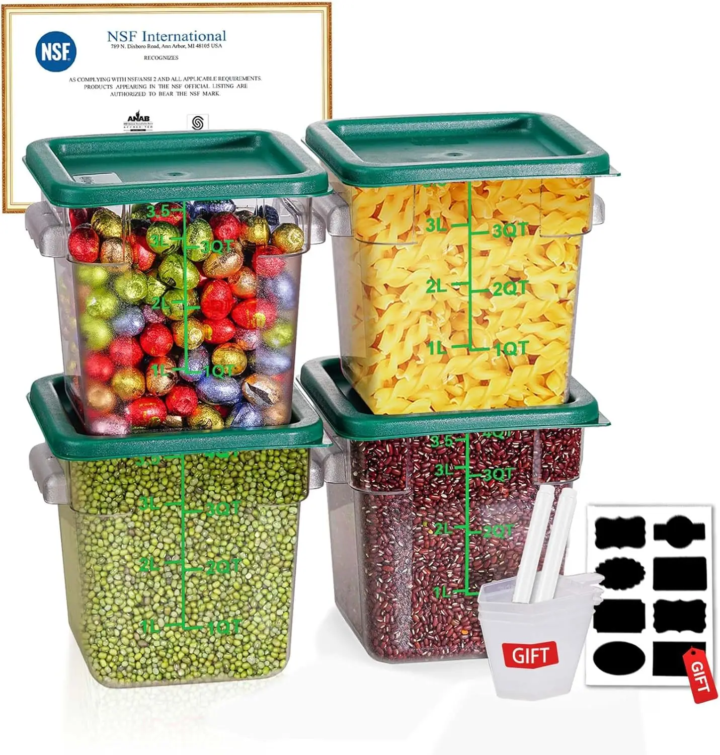 

4QT NSF Food Storage Containers with Lids: 4 PCS [Total Food Gra ][Hot&Cold Resistant] Commercial Clear Food Storage C