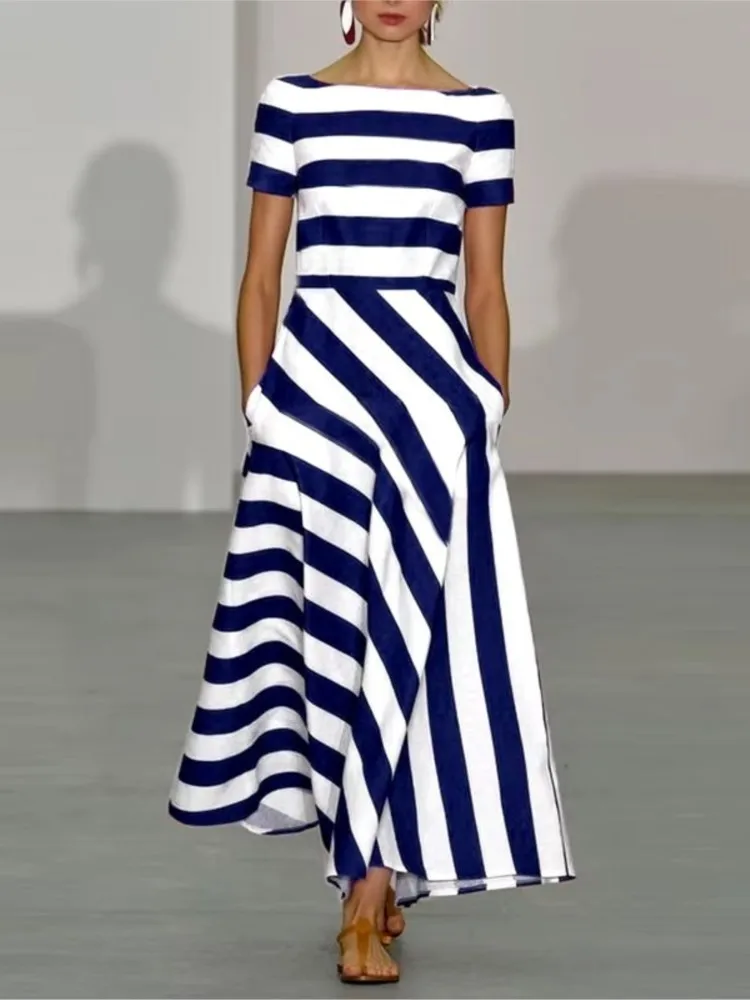 

Lady Fashion Striped Dress Elegant Short Sleeve Slash Neck High Waist Loose Dresses Robe Femme Casual Holiday Womens Clothing