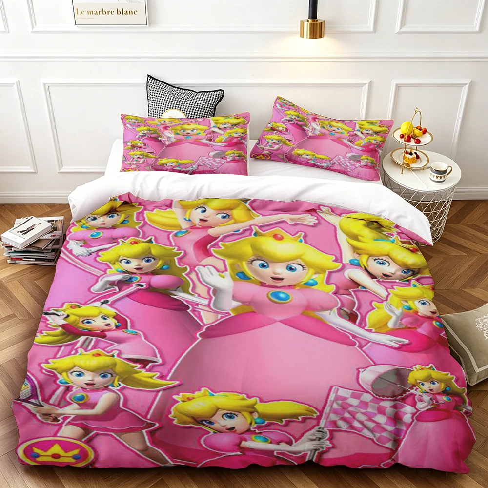 

Kids Cute Duvet Cover Princess Peach Mario Bedding Set Comforter Cover Skin-friendly Breathable Quilt Cover Queen King